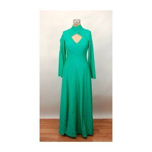 1970s maxi dress green with key hole bodice draped